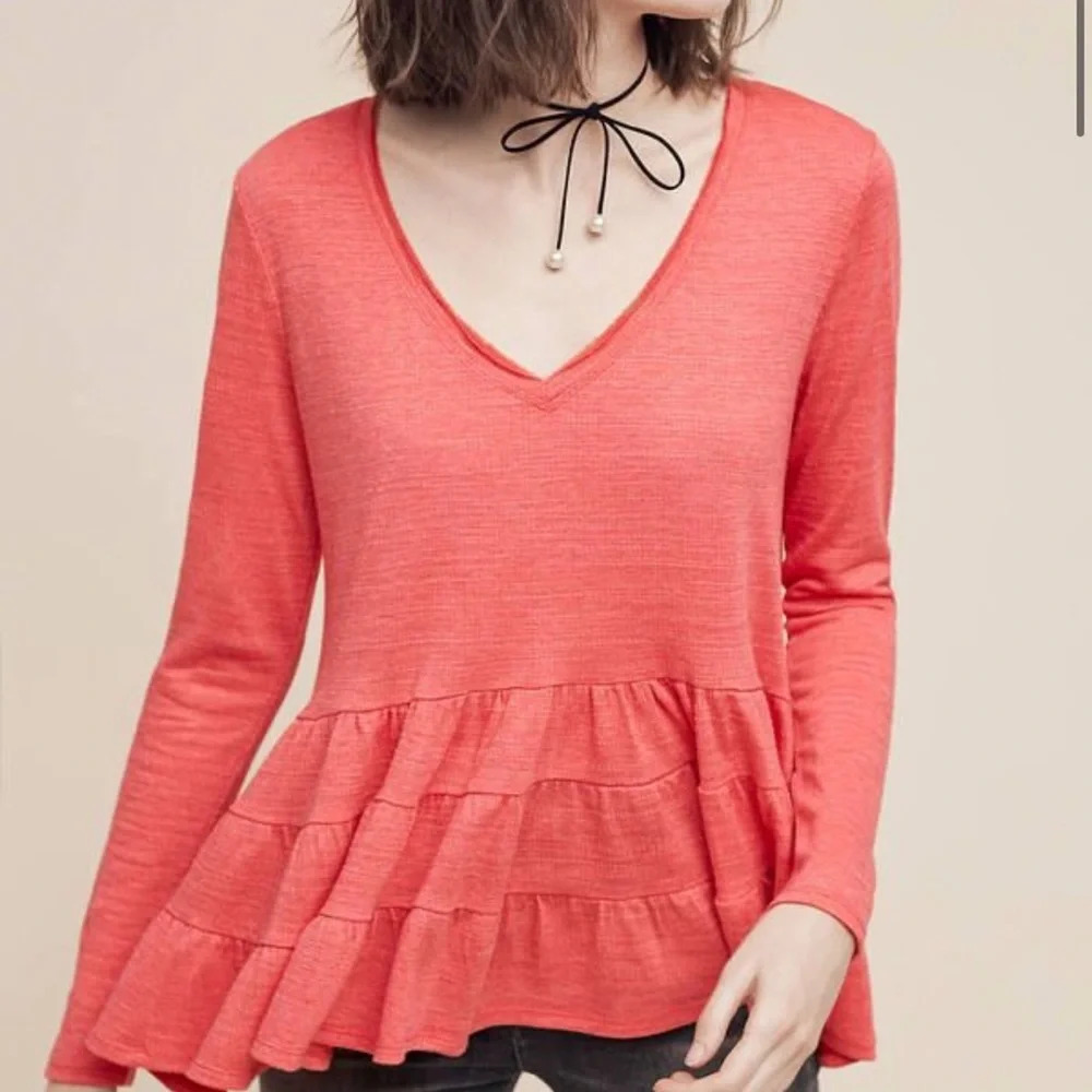Anthro | Deletta Women's Thea‎ Pink Ruffle Peplum V-Neck Top